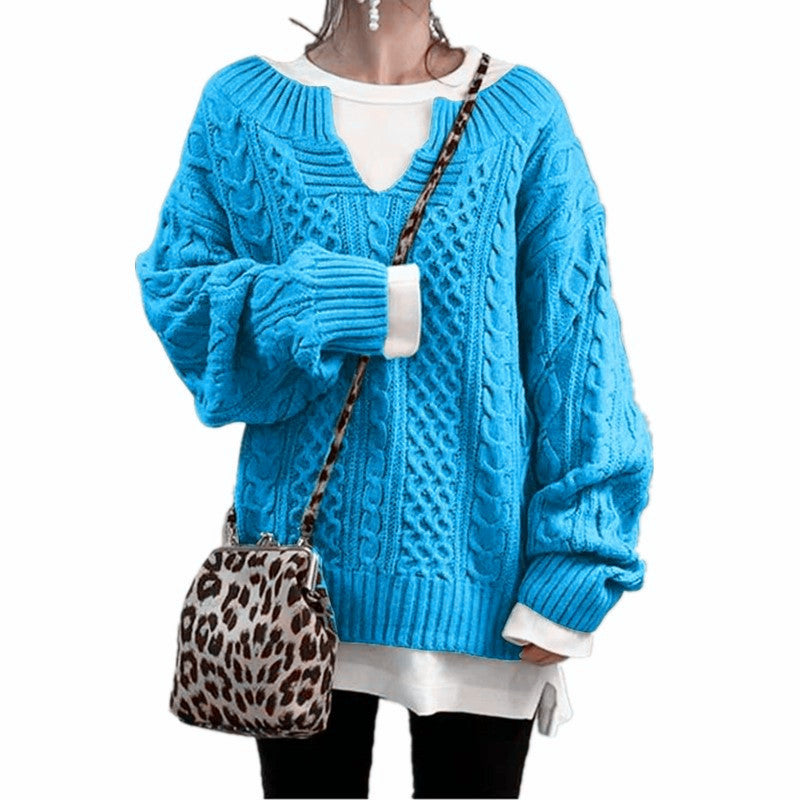 Damen nan weit geschnittener Strickpullover mit Zopfmuster und V-Ausschnitt EB