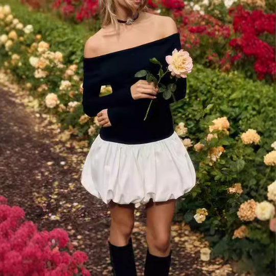 Damen Off-Shoulder Minikleid mit voluminösem Rock und langen Ärmeln EB