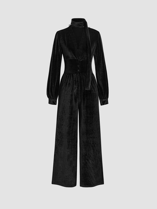 Damen eleganter Samt-Jumpsuit mit schickem Kragen und weitem Bein EB