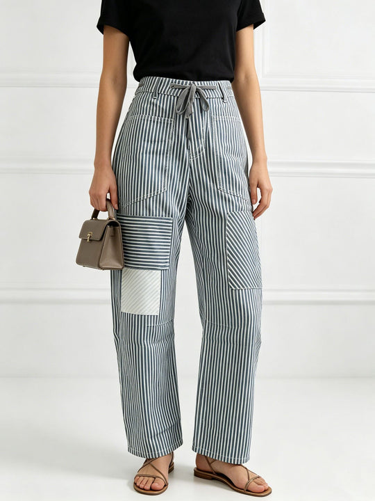 Damen nan High‑Waist Relaxed‑Hose mit vertikalem Streifenmuster, aufgesetzten Knie‑Patches und Kordelzug EB