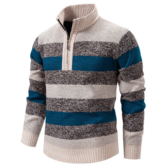 Herren modischer Strickpullover mit halbhohem Kragen und kontrastierenden Streifen EB