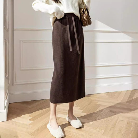 Damen Midi-Rock mit Taillenschnürung und geripptem Design EB