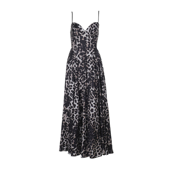 Damen Maxikleid mit tiefem V-Ausschnitt und elegantem Leopardenmuster EB