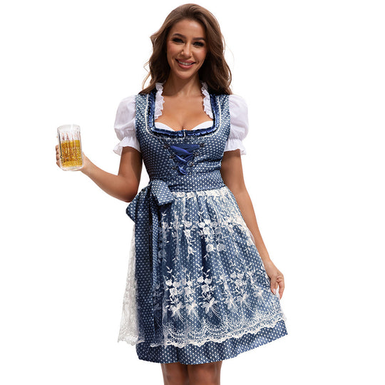 Damen nan traditionelles Dirndlkleid mit geschnürter Miederfront, Rüschenbluse und Spitzenapplikation EB