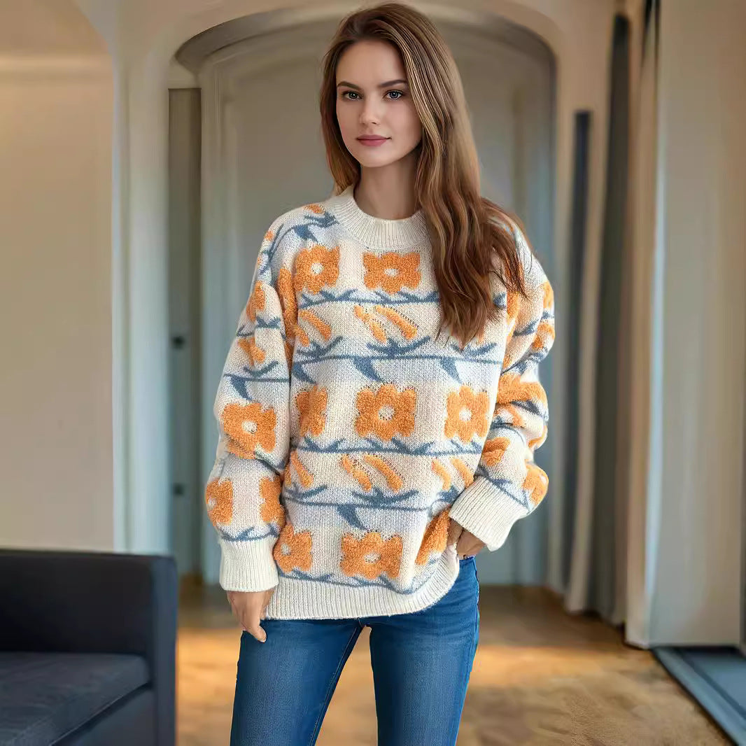Damen Strickpullover mit floralem Muster und lässigem Schnitt EB