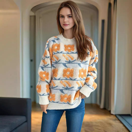 Damen Strickpullover mit floralem Muster und lässigem Schnitt EB