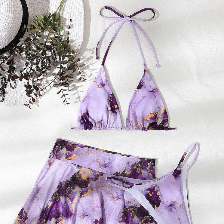 Damen Bikini-Set mit kreativem Wickeldesign und floralem Rock EB