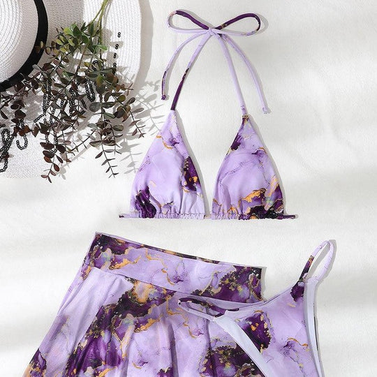Damen Bikini-Set mit kreativem Wickeldesign und floralem Rock EB