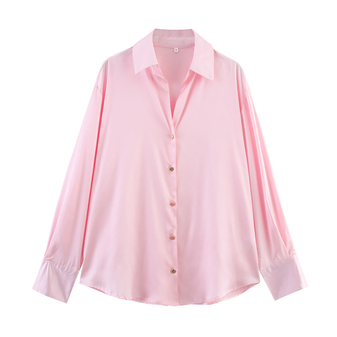 Damen nan oversized Satinbluse mit Hemdkragen, verlängerten Manschetten und abgerundetem Saum EB