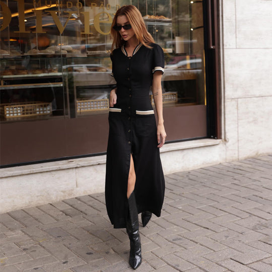 Damen Maxikleid mit eleganter Knopfleiste und seitlichem Schlitz EB