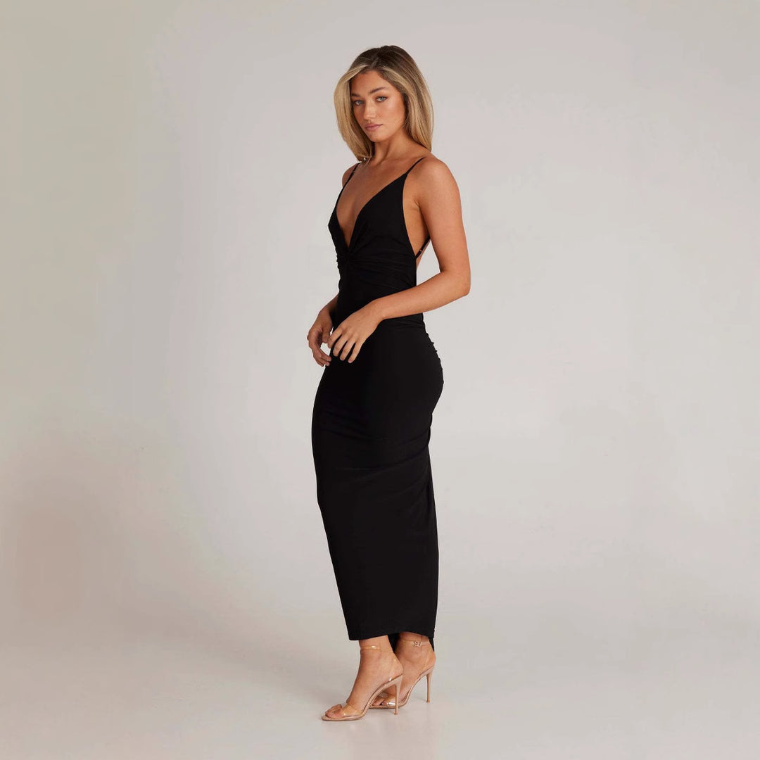 Damen elegantes Maxikleid mit tiefem V-Ausschnitt und zarten Spaghetti-Trägern EB