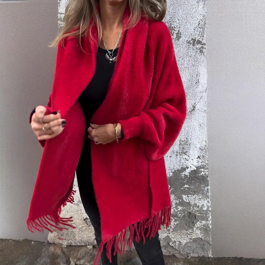 Damen nan langer kuscheliger Fransen-Cardigan mit Schalkragen und Oversize-Passform EB