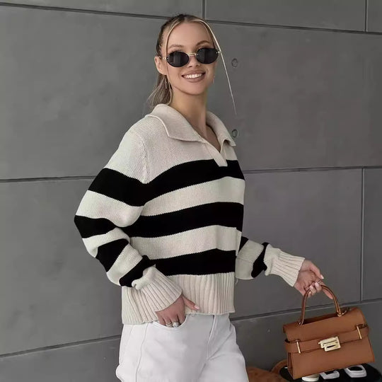 Damen Grob gestrickter Pullover mit breitem Kragen und Blockstreifendesign EB