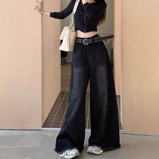 Damen Weite High-Waist Denim-Hose mit modischem Schnitt und auffälligem Gürtel EB