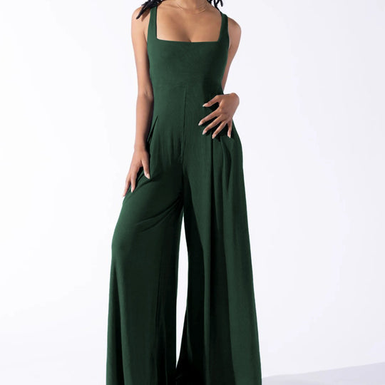 Damen Eleganter Jersey Jumpsuit mit weitem Bein und tiefem Ausschnitt EB