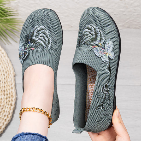 Damen nan bestickter Strick-Slipper mit sockenähnlichem Einstieg, floralem Stickmotiv und gedämpfter Leichtsohle EB