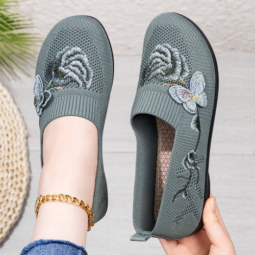 Damen nan bestickter Strick-Slipper mit sockenähnlichem Einstieg, floralem Stickmotiv und gedämpfter Leichtsohle EB