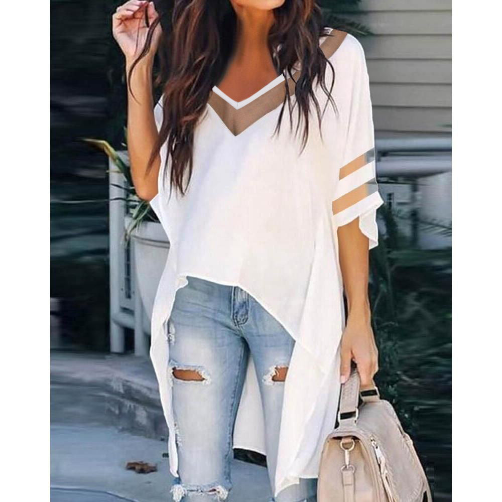 Damen Oversized T-Shirt mit transparenten Einsätzen und V-Ausschnitt EB