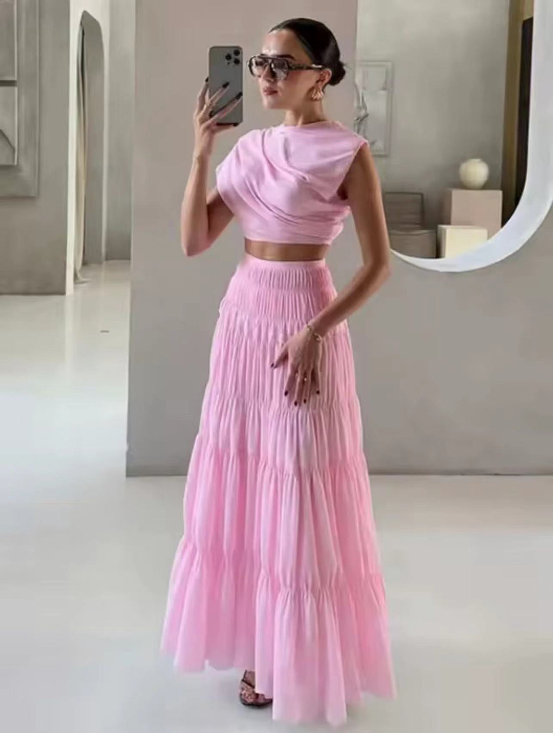 Damen Set aus modischem Crop-Top und Maxi-Rock mit Rüschendetails EB