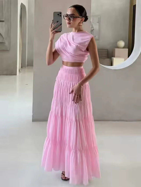 Damen Set aus modischem Crop-Top und Maxi-Rock mit Rüschendetails EB