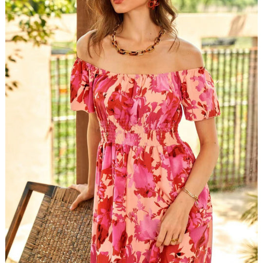 Damen Off-Shoulder Midikleid im floralen Design mit elastischem Oberteil und voluminösem Rock EB