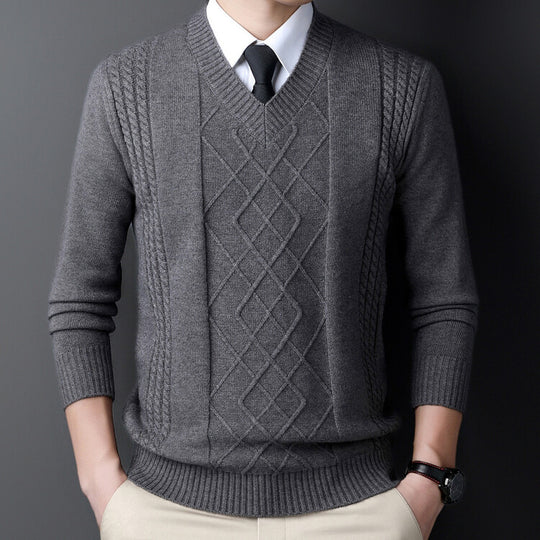 Herren V-Ausschnitt Pullover im modernen Zopfmuster EB