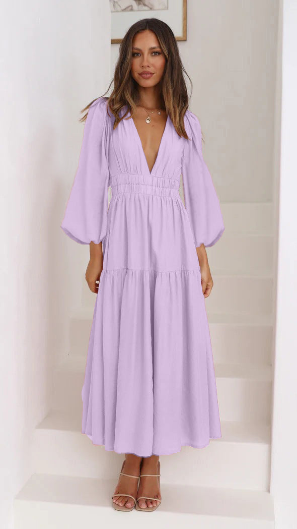 Damen Langarm Maxikleid mit tiefem V-Ausschnitt und weitem Rock EB