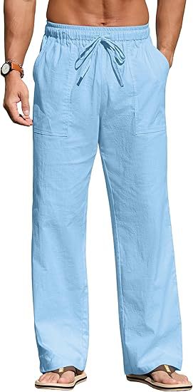 Herren nan leichte Leinenhose mit elastischem Bund, Kordelzug und aufgesetzten Taschen EB