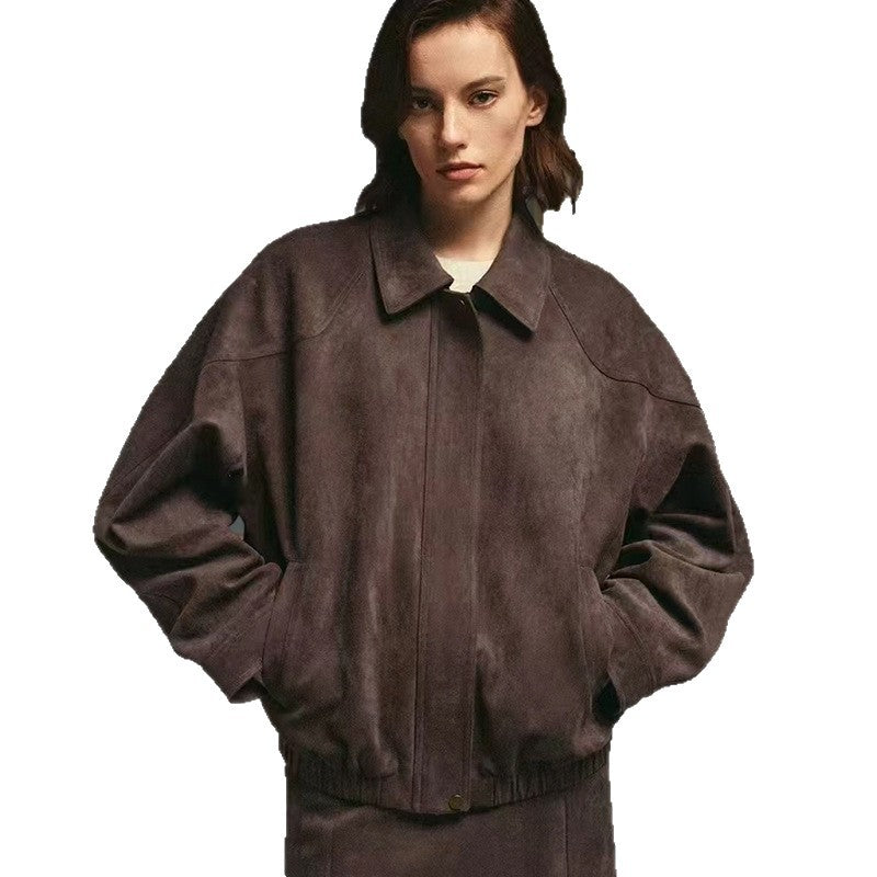 Damen Modische Kunstlederjacke mit elegantem Stehkragen und lässigem Schnitt EB