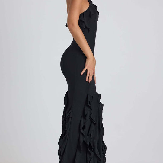 Damen Exklusives Maxikleid mit asymmetrischem Rüschenverlauf und elegantem Schnitt EB