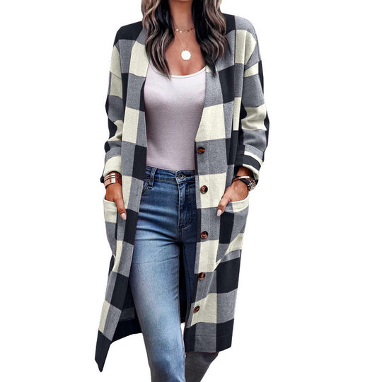 Damen Checkered Cardigan im lässigen Oversized-Stil mit praktischen Taschen EB