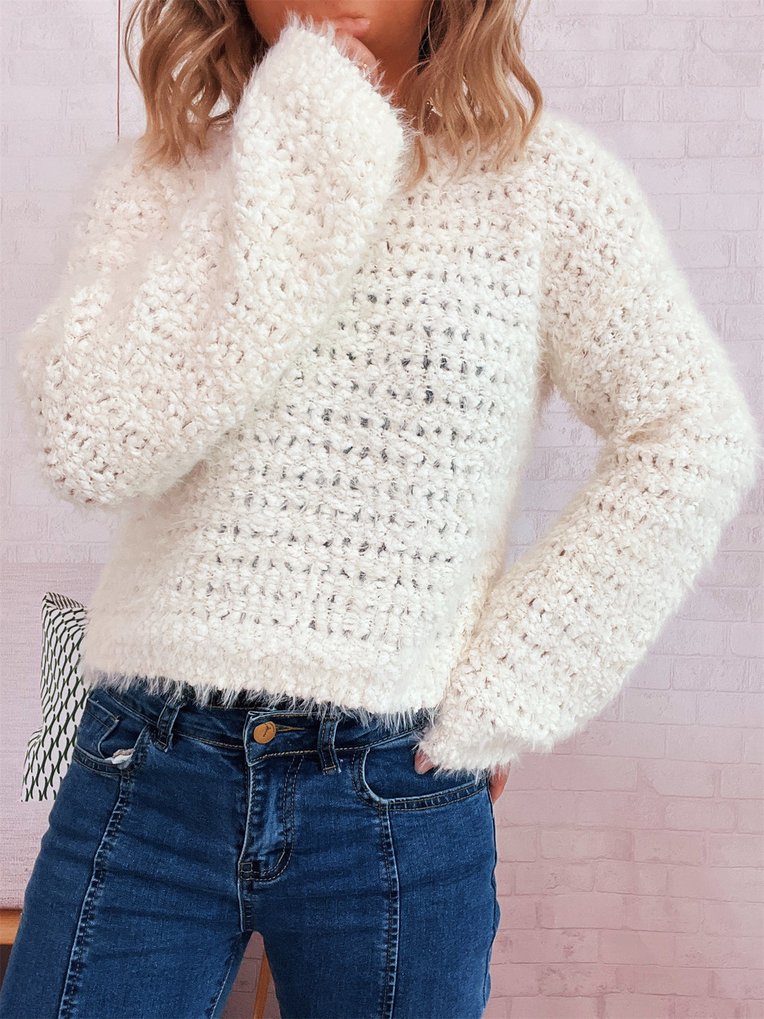 Damen kuscheliger Strickpullover mit auffälligem Flauschdesign und weitem Schnitt EB