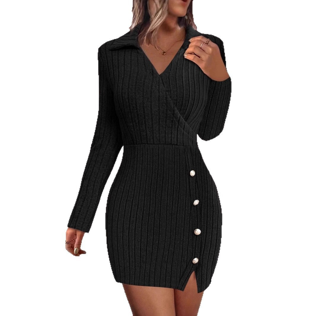 Damen Wickelkleid mit strukturiertem Design und dekorativen Knöpfen EB