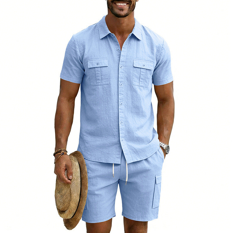 Herren nan sommerliches Freizeitset aus Baumwoll-Leinenmix mit Kurzarm-Hemd und Cargo-Shorts EB