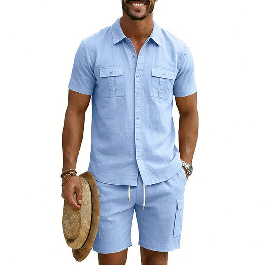 Herren nan sommerliches Freizeitset aus Baumwoll-Leinenmix mit Kurzarm-Hemd und Cargo-Shorts EB