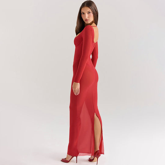 Damen transparentes Maxikleid mit figurformendem Schnitt EB