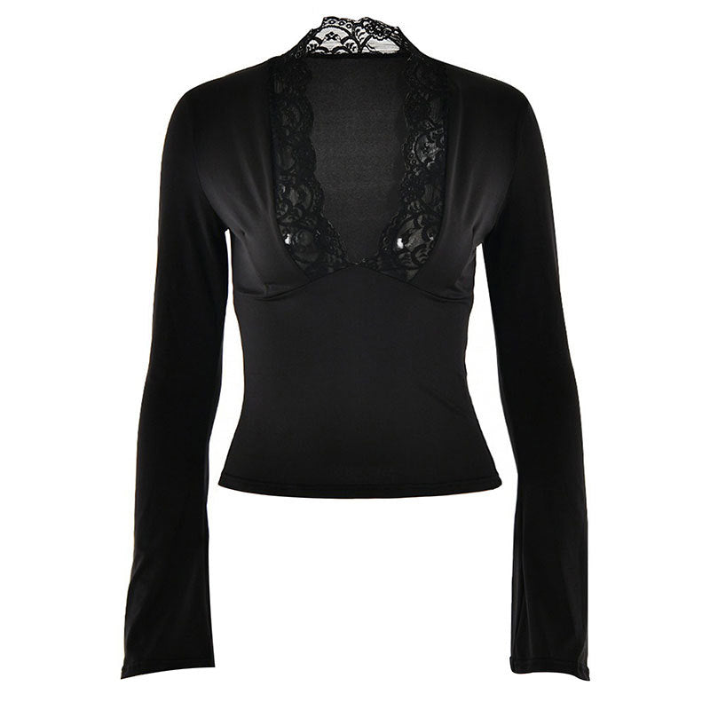 Damen Elegantes Langarm-Top mit Spitzenkragen EB