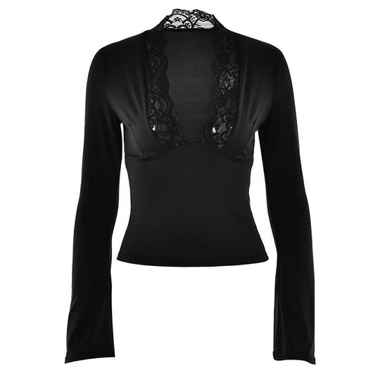 Damen Elegantes Langarm-Top mit Spitzenkragen EB