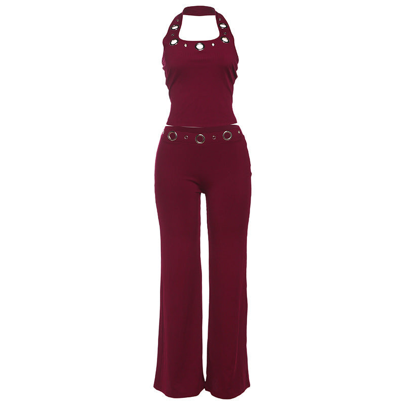 Damen Modischer Jumpsuit mit dekorativem Halterkragen und Gürteldetails EB