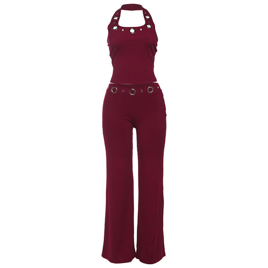 Damen Modischer Jumpsuit mit dekorativem Halterkragen und Gürteldetails EB