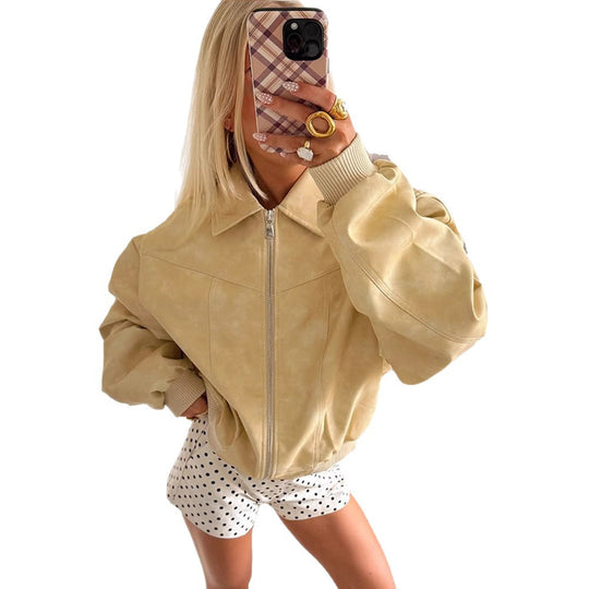 Damen trendy Kunstlederjacke mit voluminösen Ärmeln EB