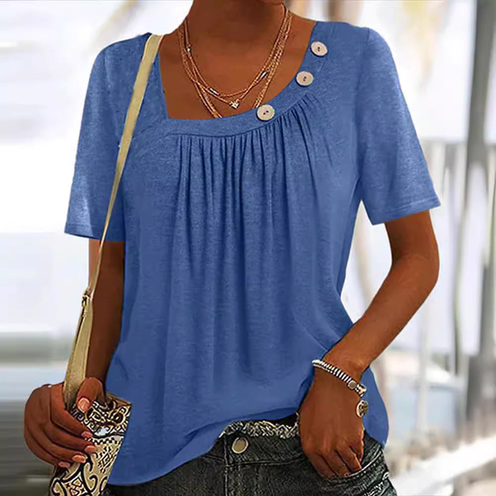 Damen nan locker sitzendes Kurzarmshirt mit quadratischem Ausschnitt, geraffter Brustpartie und Zierknopf-Detail EB