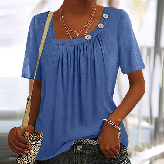 Damen nan locker sitzendes Kurzarmshirt mit quadratischem Ausschnitt, geraffter Brustpartie und Zierknopf-Detail EB