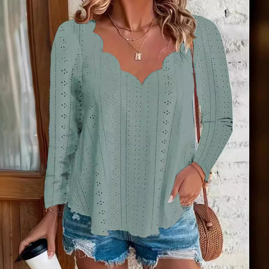 Damen luftiges Blusenshirt mit modernen Lochmuster und elegantem Ausschnitt EB