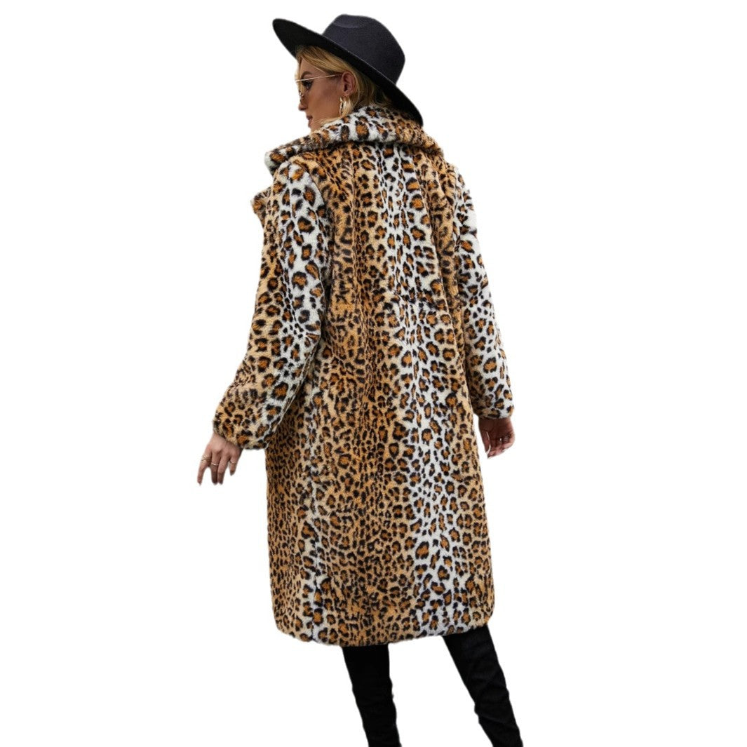 Damen Langer Mantel mit Leopardenmuster und weichem Kunstfell EB