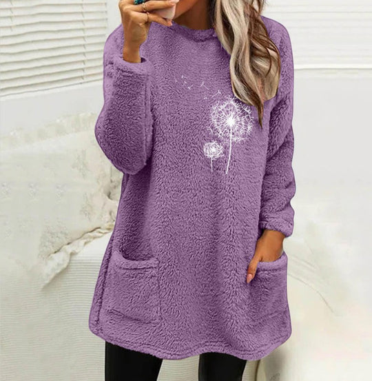 Damen Fleece-Tunika mit Dandelion-Motiv und praktischen Taschen EB