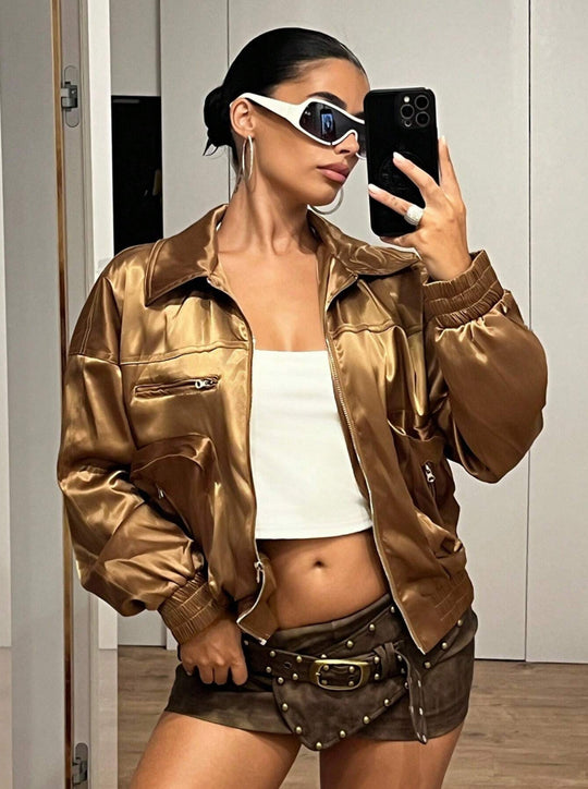 Damen Bomberjacke im glänzenden Satin-Look mit seitlichen Reißverschlusstaschen EB
