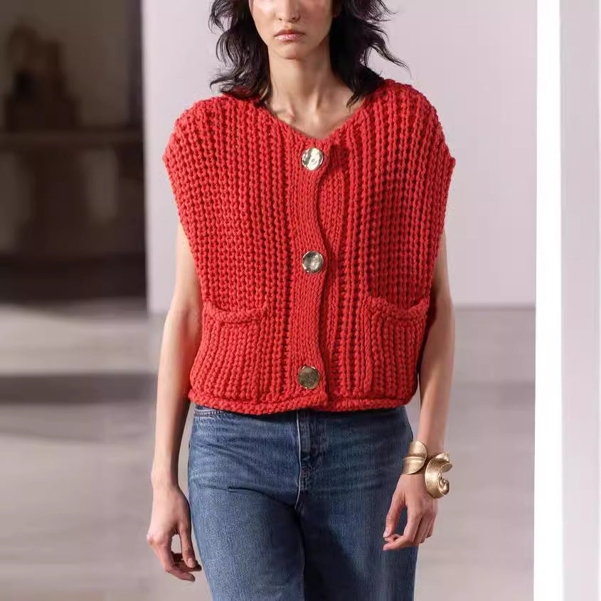 Damen Strickweste mit Knöpfen und Taschen EB