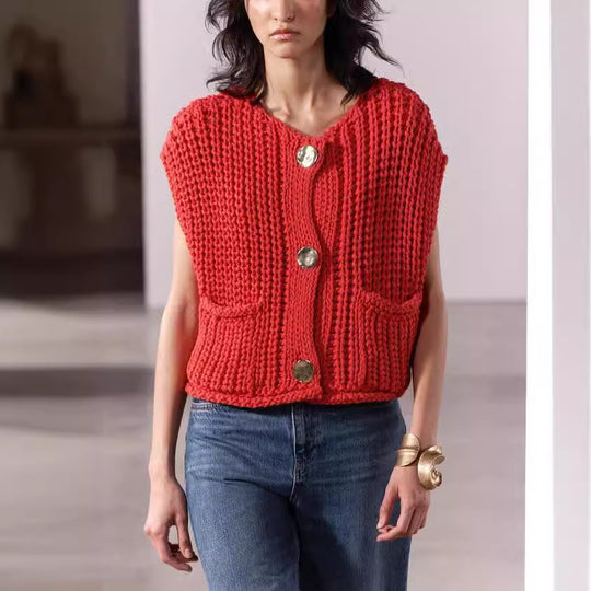 Damen Strickweste mit Knöpfen und Taschen EB