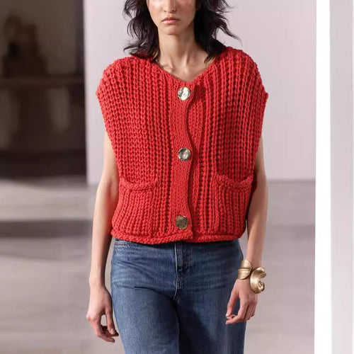 Damen Strickweste mit Knöpfen und Taschen EB